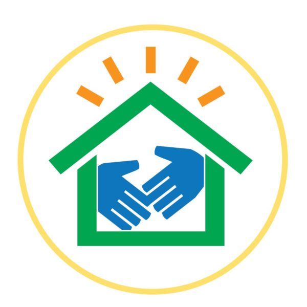 A graphic of a house outlined in green with two blue hands shaking inside—symbolizing healthcare professionals—and orange rays above, all within a yellow circle.