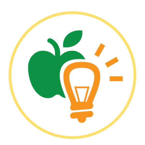 A green apple and an orange lightbulb with rays, both enclosed in a yellow circle on a white background, symbolize the innovation and care of healthcare professionals.