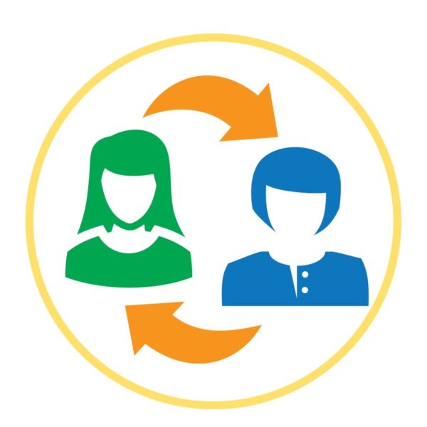 Two stylized figures, one in green and one in blue, represent healthcare professionals connected by two orange circular arrows, indicating interaction or exchange between them.