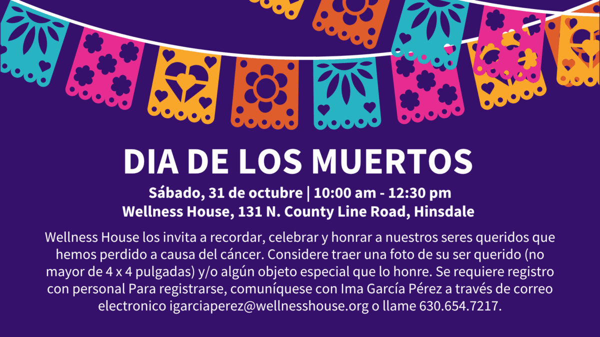 Event flyer for Dia de los Muertos at Wellness House in Hinsdale on October 31, 10:00 am–12:30 pm, with colorful papel picado decorations and event details in Spanish.