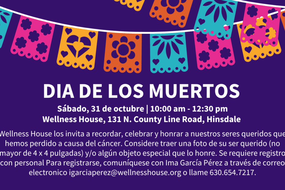 Event flyer for Dia de los Muertos at Wellness House in Hinsdale on October 31, 10:00 am–12:30 pm, with colorful papel picado decorations and event details in Spanish.