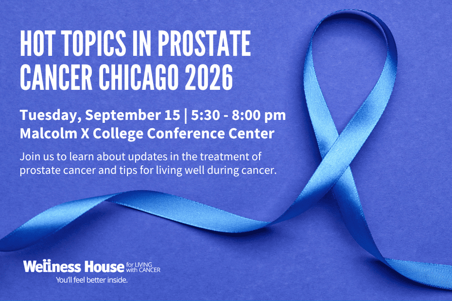 Blue ribbon on purple background with text promoting a prostate cancer event in Chicago, including date, time, location, and a note about the latest treatment updates and living well with prostate cancer.