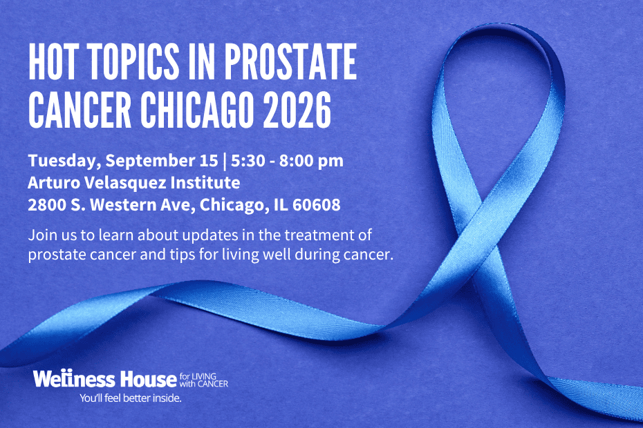 Blue prostate cancer awareness ribbon on purple background with event details for a prostate cancer discussion in Chicago on September 15, 2026 at the Arturo Velasquez Institute. Join community members and experts as we raise awareness about prostate cancer and share vital information to support those affected.