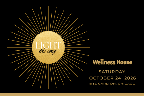 Gold sunburst with "LIGHT the way" in the center, promoting a Wellness House events celebration on Saturday, October 24, 2026, at the Ritz Carlton, Chicago.