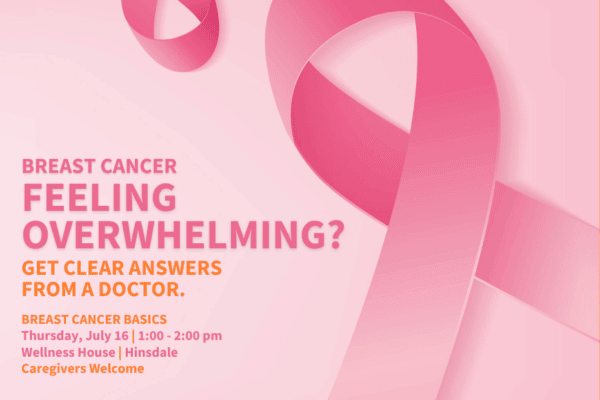 Pink ribbon on pink background promoting a breast cancer basics event with date, location, and invitation for caregivers to attend.