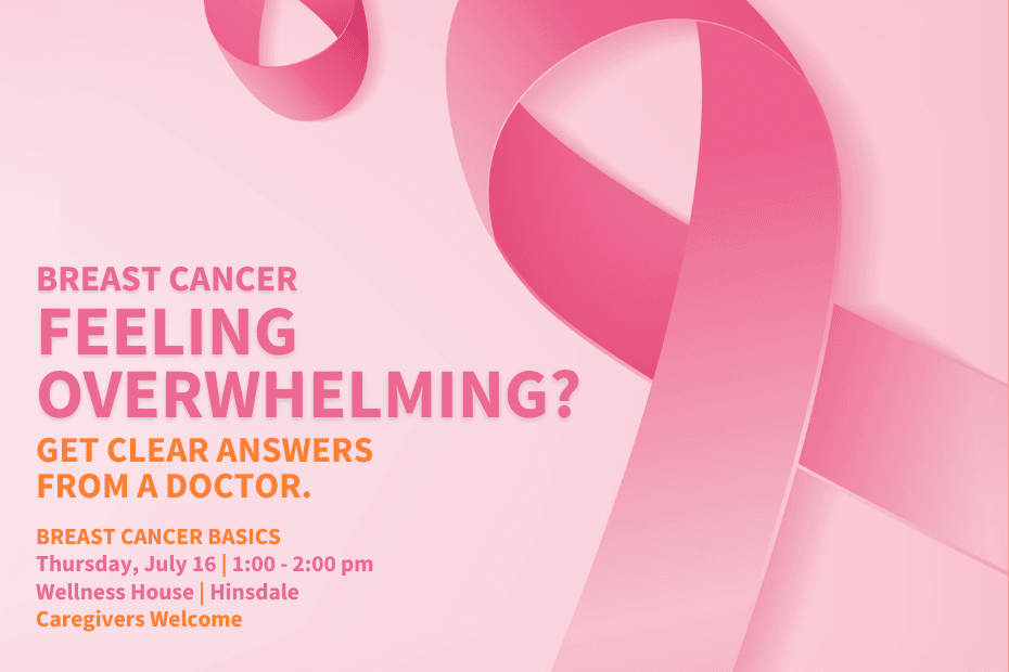Pink ribbon on pink background promoting a breast cancer basics event with date, location, and invitation for caregivers to attend.