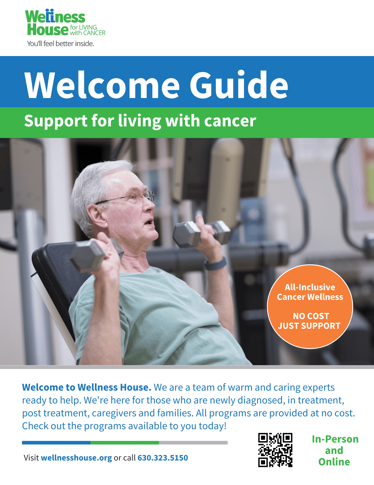 An older man exercises on a weight machine at a gym. Text promotes Wellness House cancer support program guides, available in-person and online, with no cost for participating in these helpful programs.