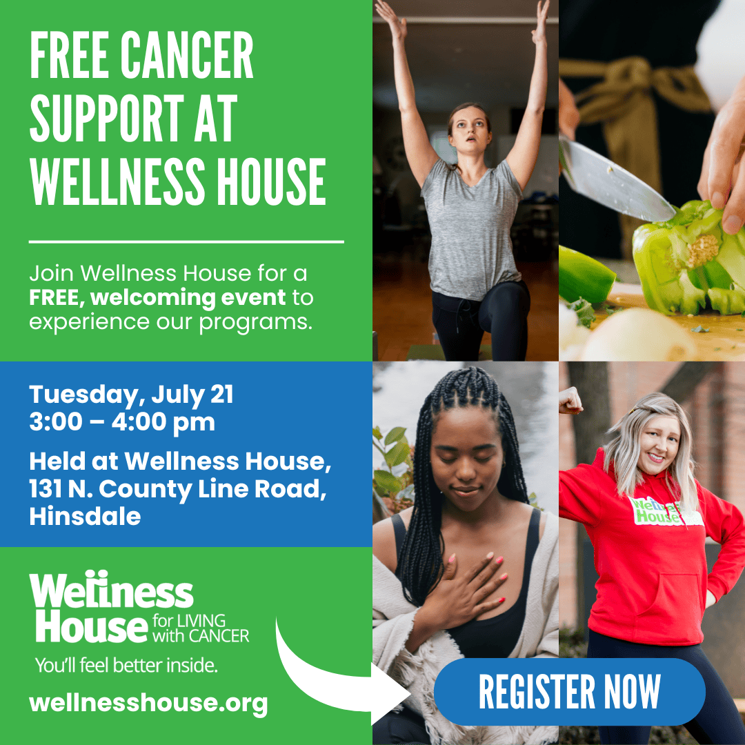 Promotional graphic for a free cancer wellness support event at Wellness House, featuring people doing yoga, cooking, and smiling. Event details and registration button included.