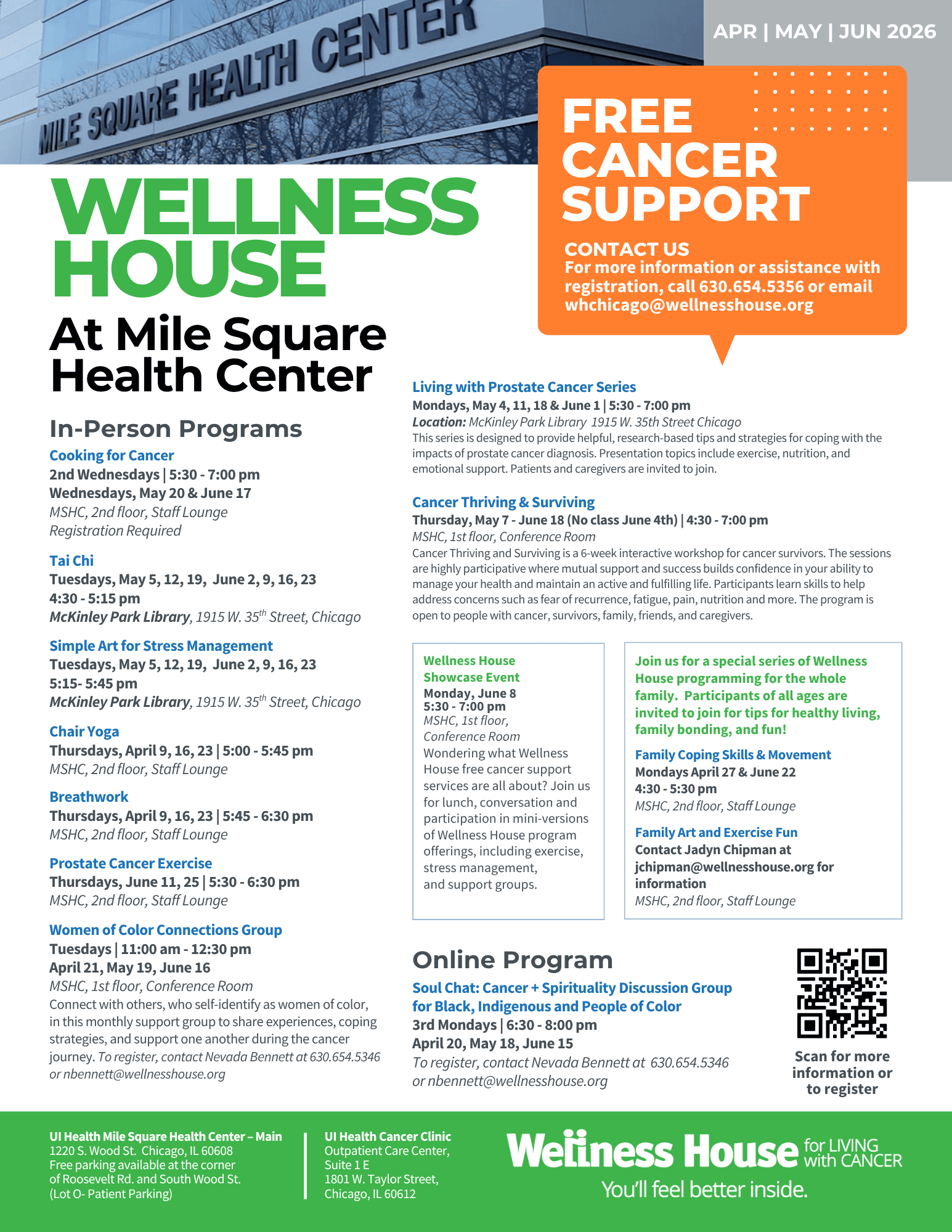 Flyer for Wellness House at Mile Square Health Center details free in-person and online cancer support programs, including program guides, dates, times, and contact information for April–June 2026.