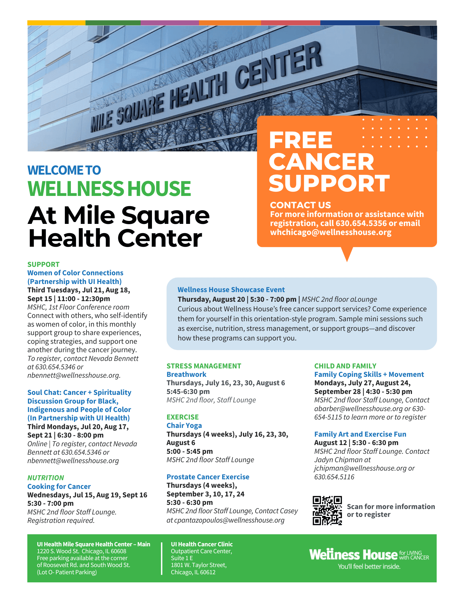 Flyer advertising wellness programs and free cancer support at Mile Square Health Center, featuring program guides, support groups, classes, and contact information for registration.