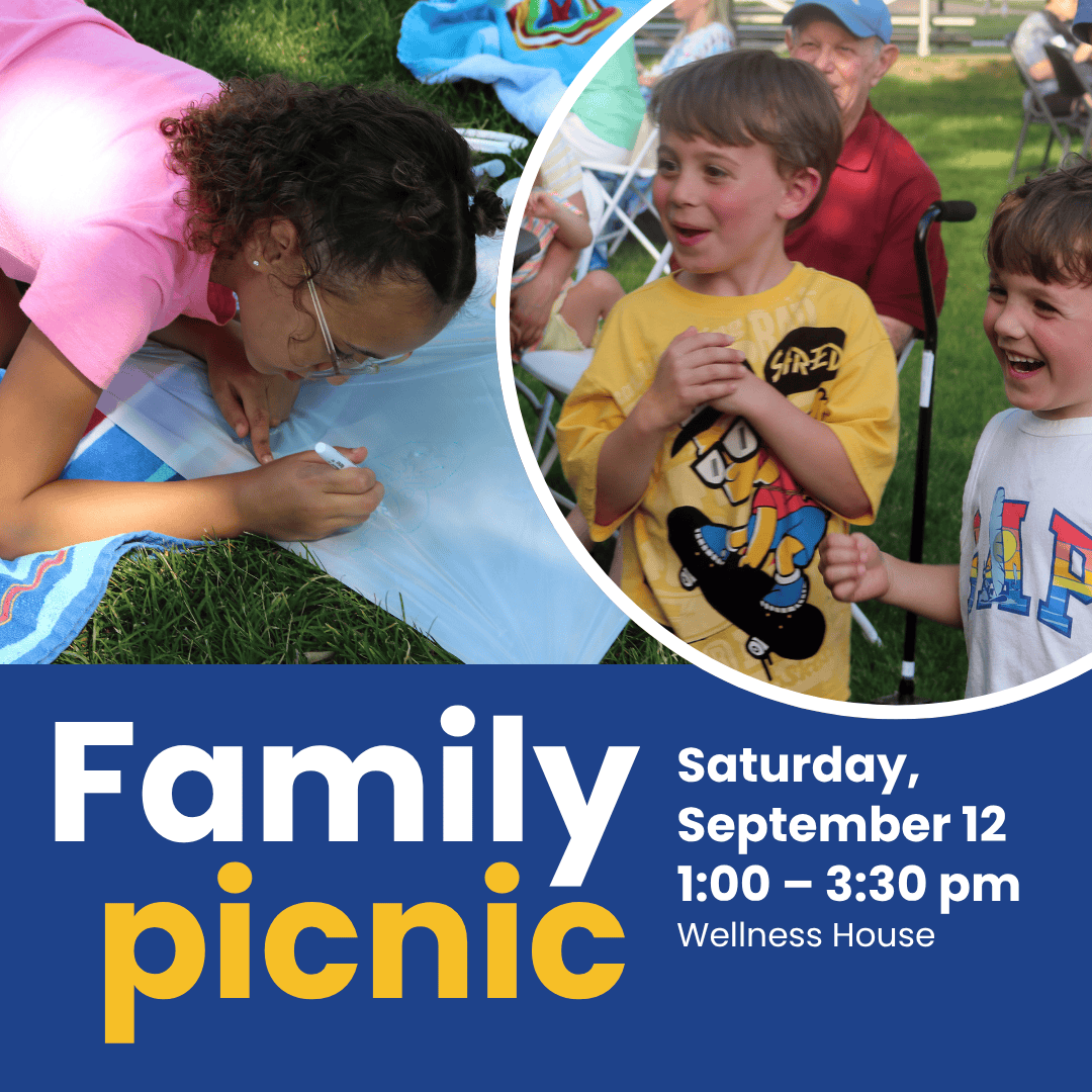 Two children laugh together while another child draws on a piece of fabric at a cancer wellness family picnic event held on September 12 from 1:00–3:30 pm at Wellness House.