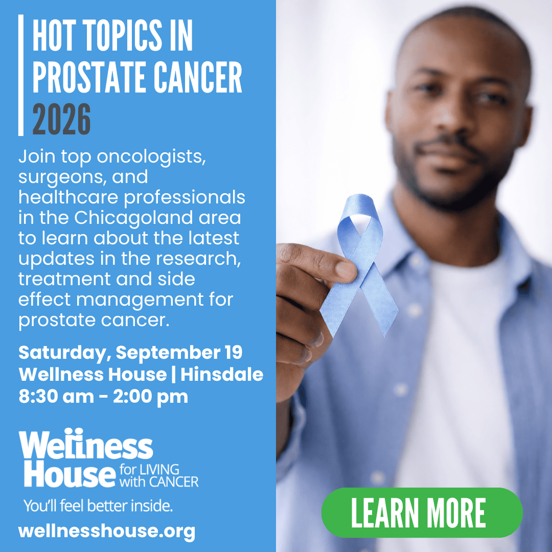A man holds a blue ribbon; text promotes a 2026 prostate cancer wellness event in Hinsdale, featuring updates from healthcare professionals.