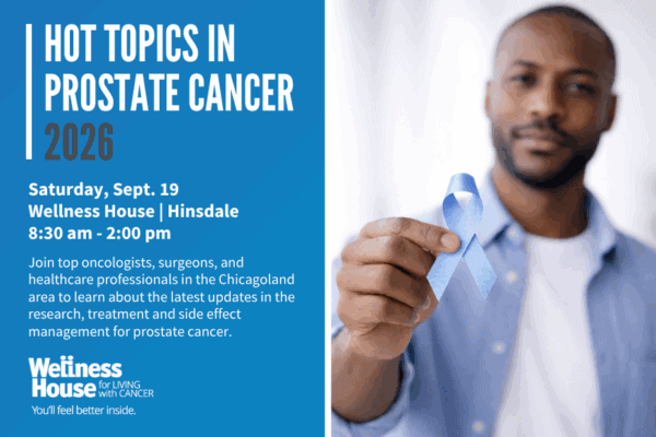 A man holds a blue ribbon, with text promoting a prostate cancer event at Wellness House on Saturday, Sept. 19, 8:30 am–2:00 pm, focused on research, treatment, and side effect management.