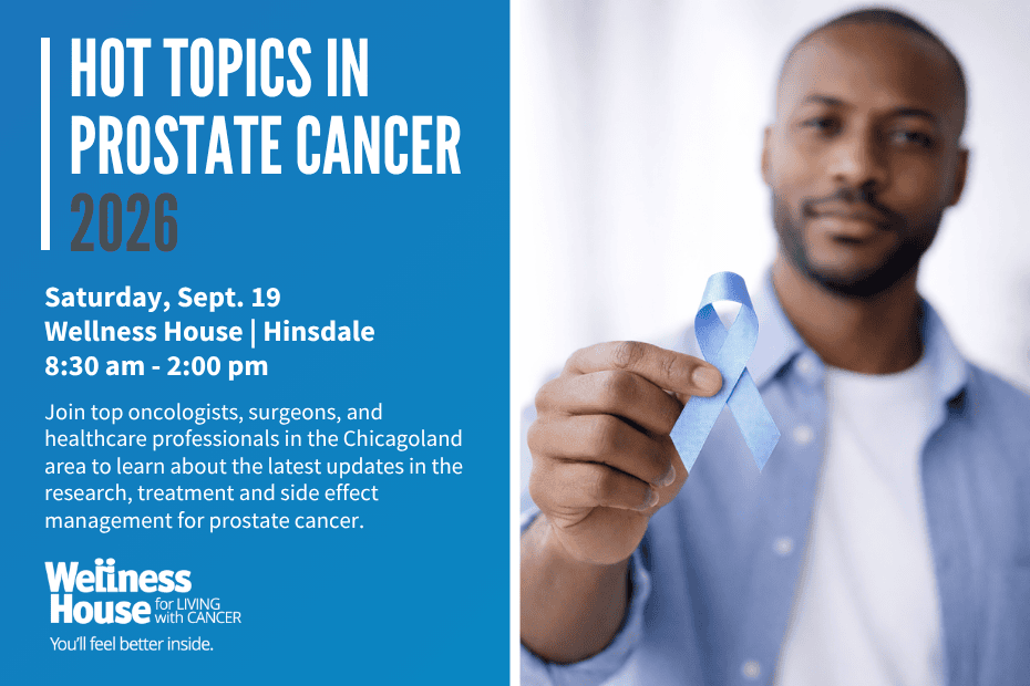 A man holds a blue ribbon, with text promoting a prostate cancer event at Wellness House on Saturday, Sept. 19, 8:30 am–2:00 pm, focused on research, treatment, and side effect management.