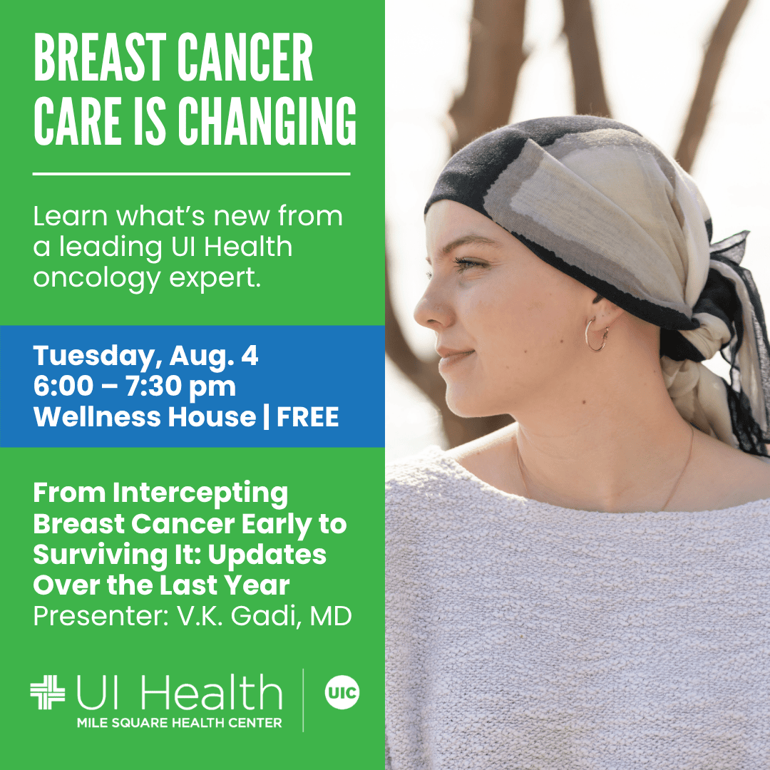 A woman with a headscarf looks to the side. Event details about a free cancer wellness and breast cancer care update from UI Health are displayed on the left side of the image.