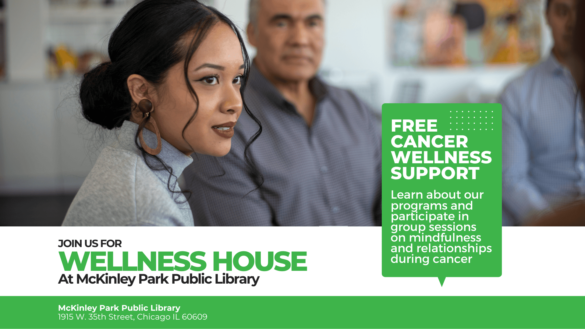 A woman with a notepad listens in a group setting at the McKinley Park Public Library during a wellness and cancer support session.