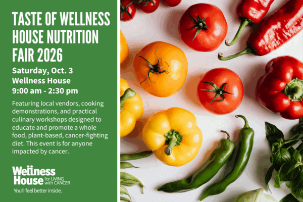 Taste of Wellness House Nutrition Fair 2026 event info on the left; assorted fresh peppers and tomatoes arranged on a white surface on the right.