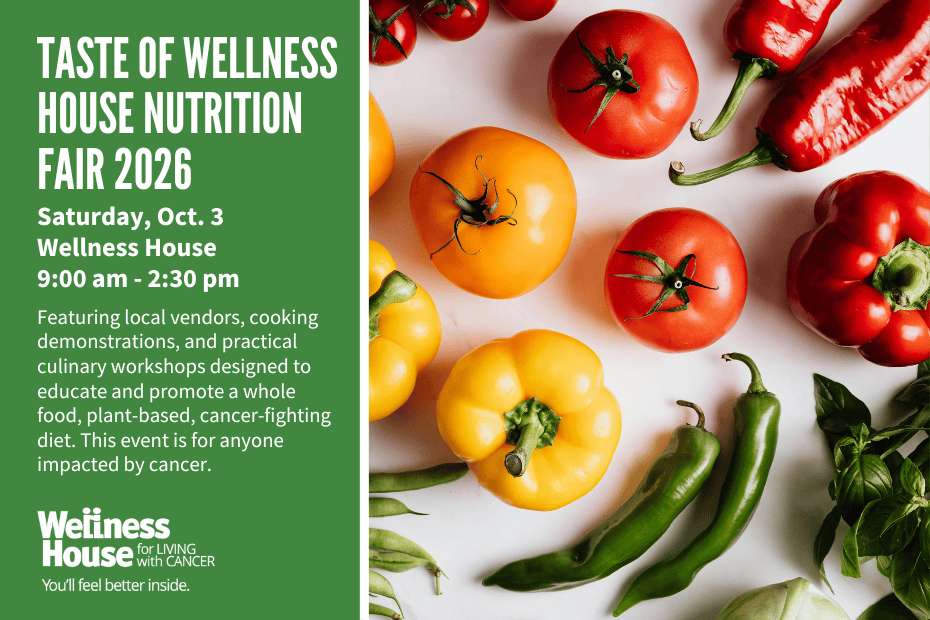 Taste of Wellness House Nutrition Fair 2026 event info on the left; assorted fresh peppers and tomatoes arranged on a white surface on the right.