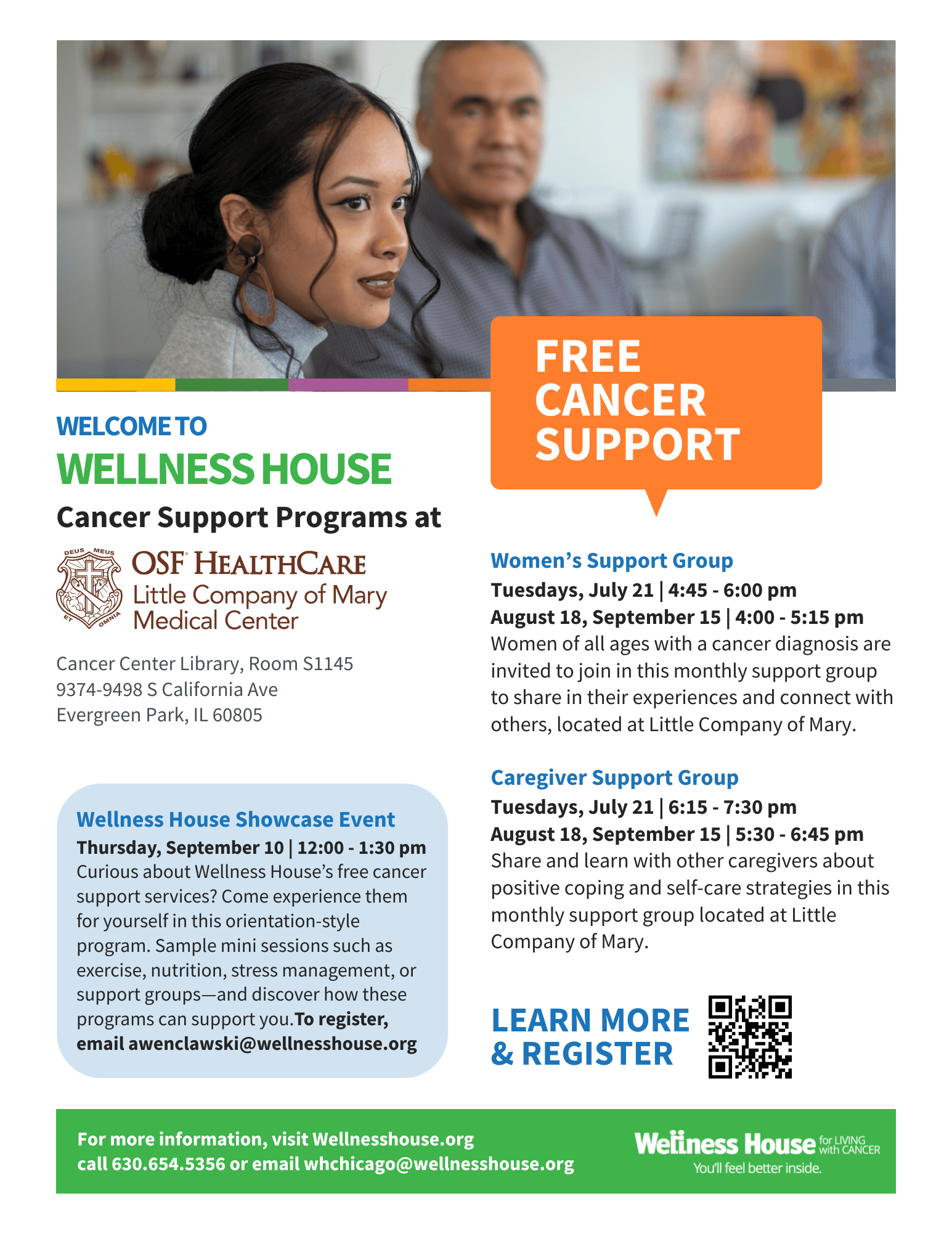 Flyer for Wellness House cancer support programs at OSF HealthCare, including program guides, support group dates, showcase event details, contact info, and registration instructions.
