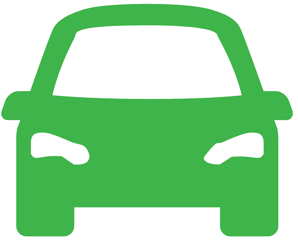 Simple green icon of a car viewed from the front, with stylized windows, headlights, and side mirrors—perfect for promoting donate initiatives or eco-friendly drives.