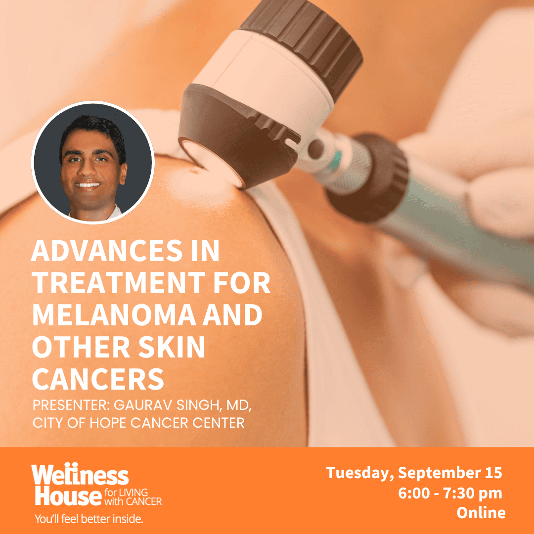 A doctor examines a patient’s shoulder with a dermatoscope. Text promotes an online event on melanoma treatment advances by Dr. Gaurav Singh, scheduled for September 15.