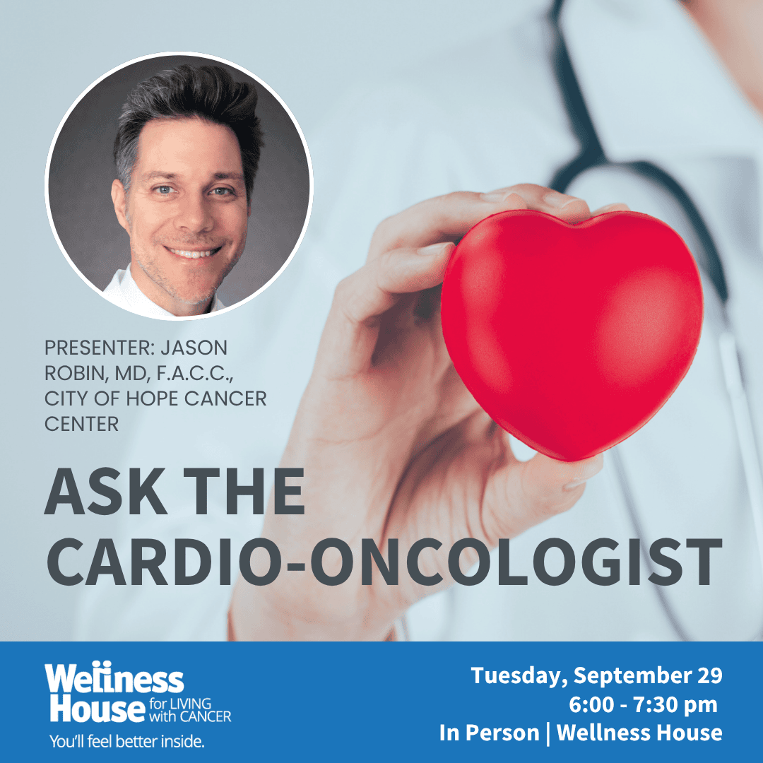 A smiling doctor’s photo appears above the text “Ask the Cardio-Oncologist”; a hand holds a red heart. Event details and sponsor logos are shown at the bottom.