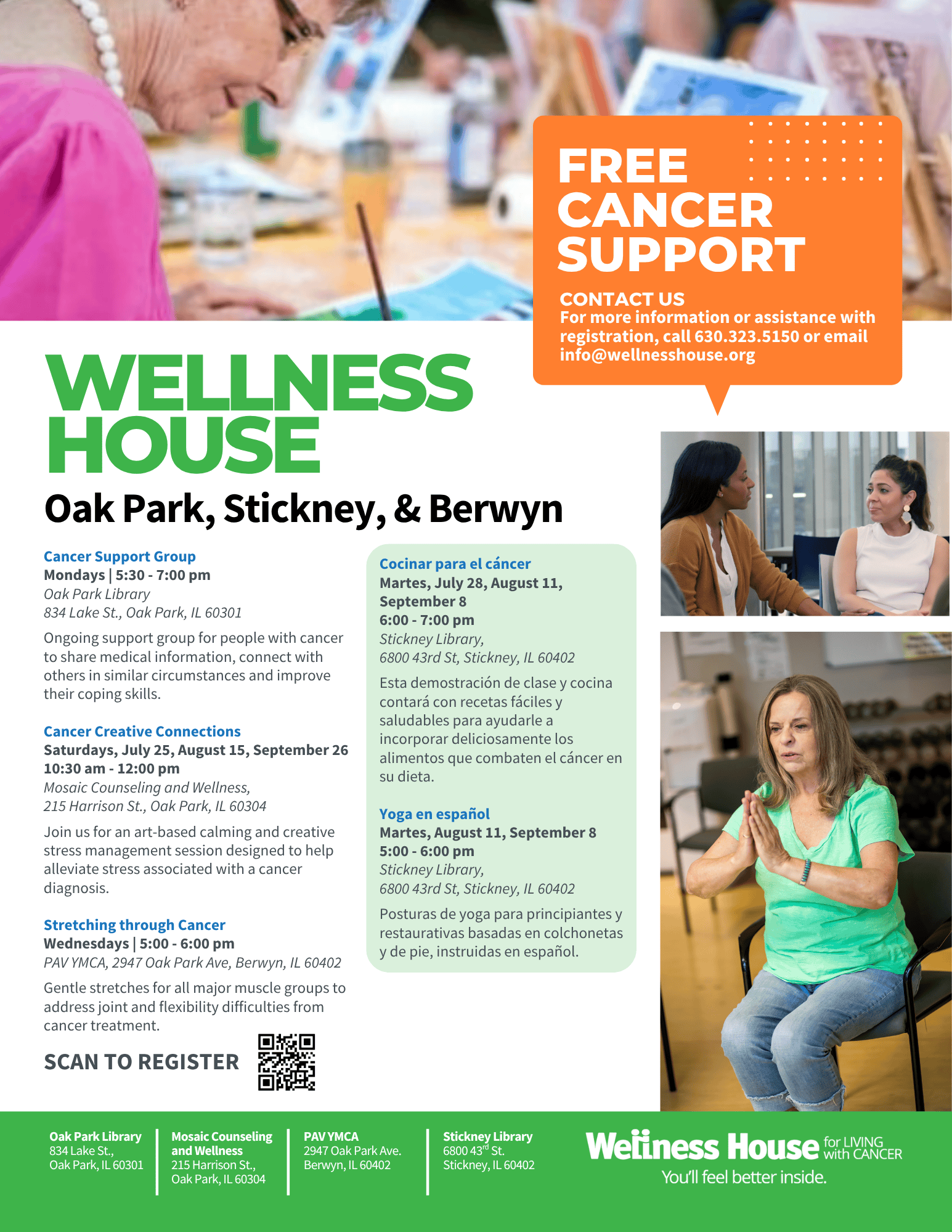 Flyer for Wellness House cancer support program guides in Oak Park, Stickney, and Berwyn, listing support groups, creative sessions, and wellness classes with registration details and contact info.
