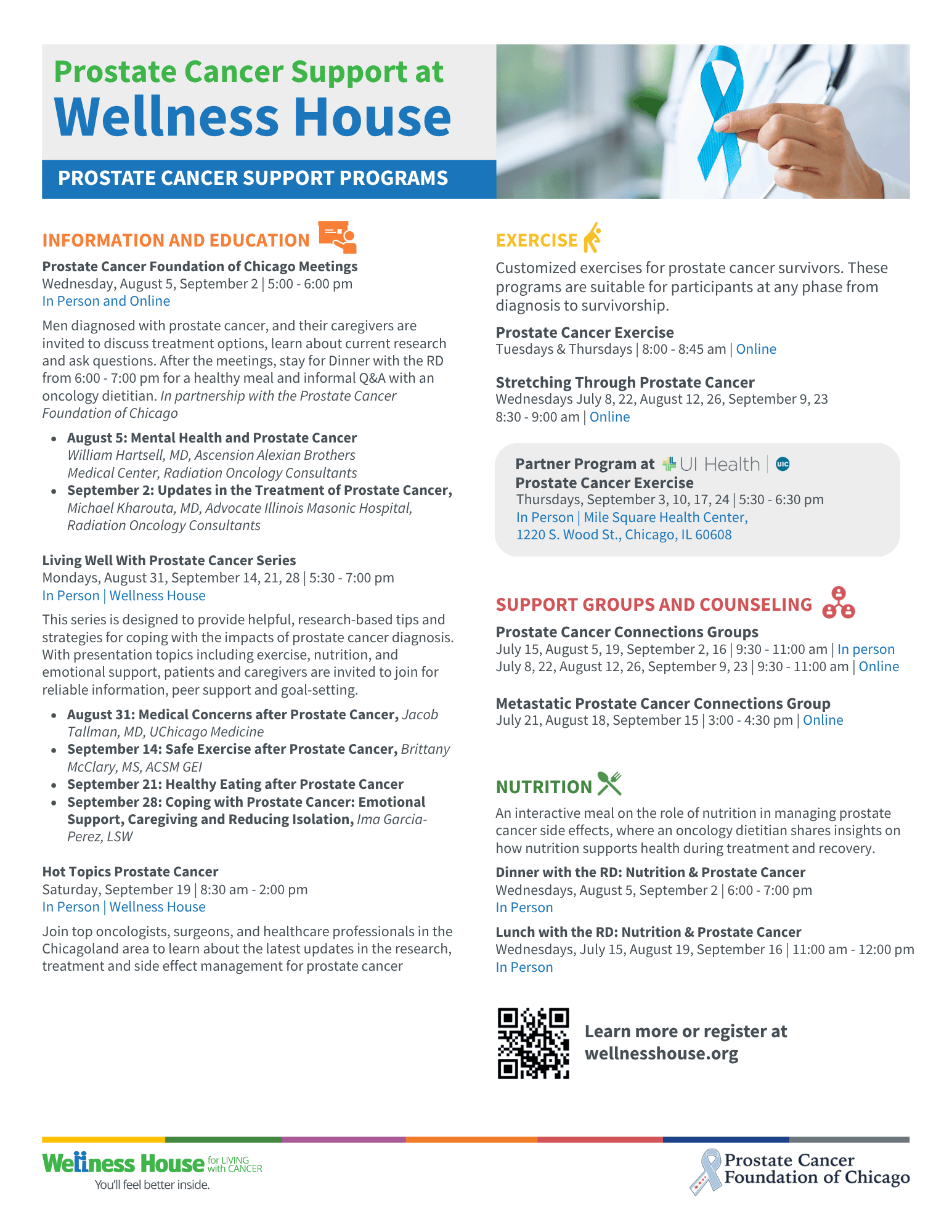 Flyer listing prostate cancer wellness programs at Wellness House, featuring education, exercise, support groups, nutrition, and schedule details for both online and in-person options for summer 2023.