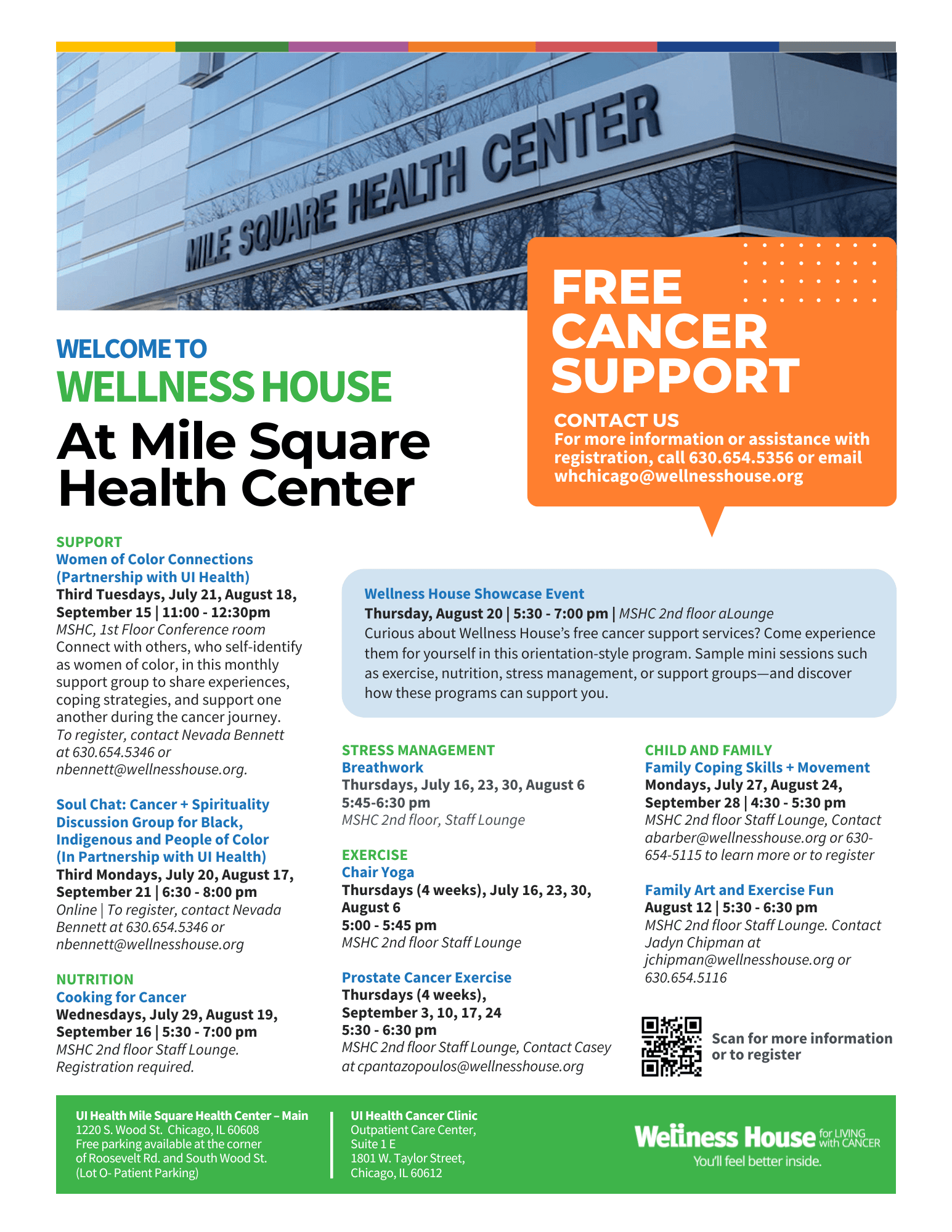 Flyer for Wellness House programs at Mile Square Health Center, featuring comprehensive program guides and offering free cancer support, classes, and services from July to August 2023. Contact info and QR code included.