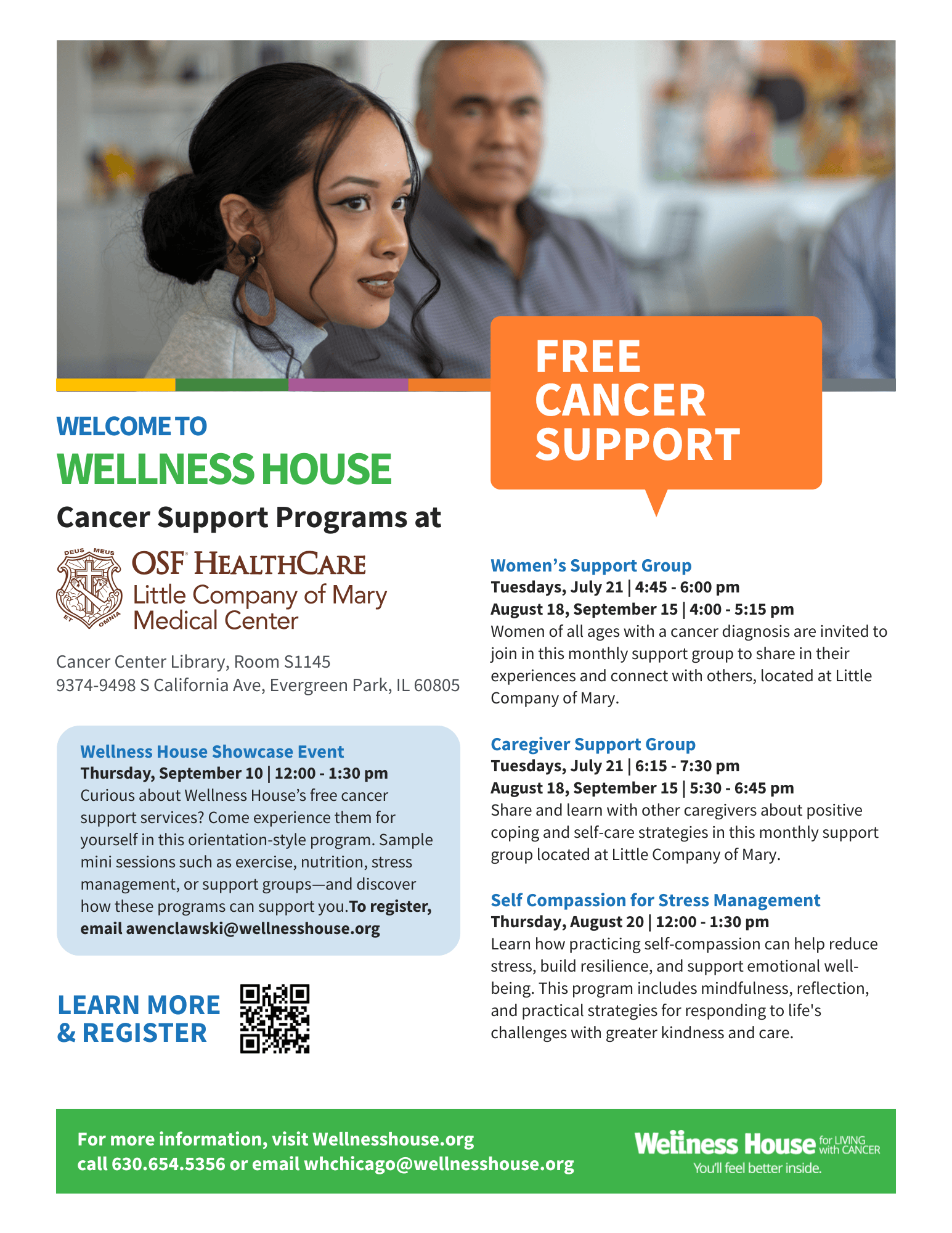 Flyer for Wellness House cancer support programs at OSF HealthCare Little Company of Mary Medical Center, featuring program guides with dates, times, and contact information for free cancer support groups.