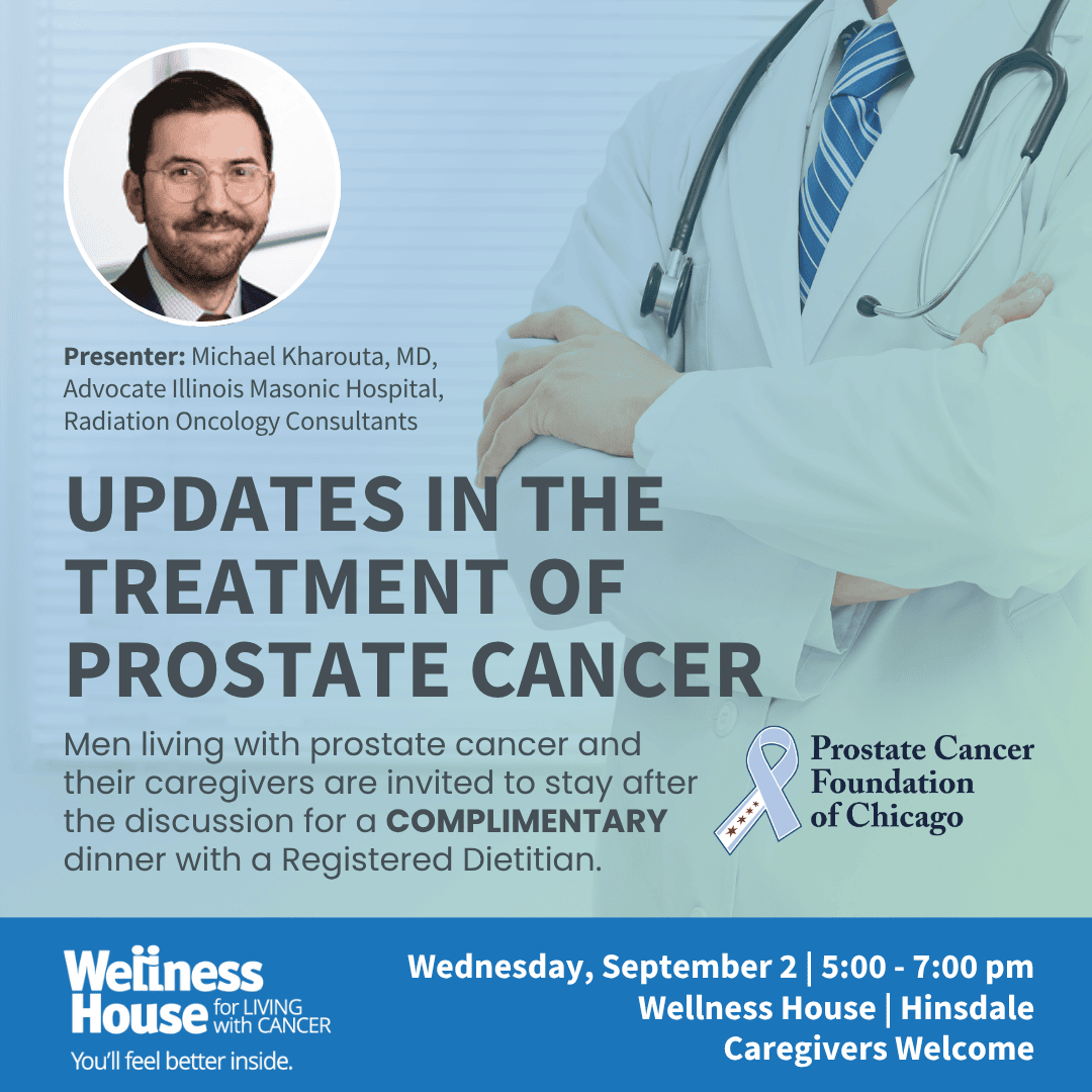 A flyer for a prostate cancer update event with a photo of a male doctor, event details, and information about a complimentary dinner for men with prostate cancer and caregivers.