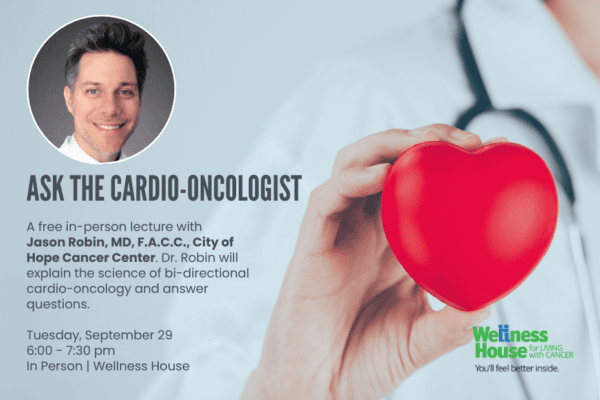 A smiling man in a white coat is shown next to a hand holding a red heart-shaped object, with event details for a cardio-oncology lecture on the right.