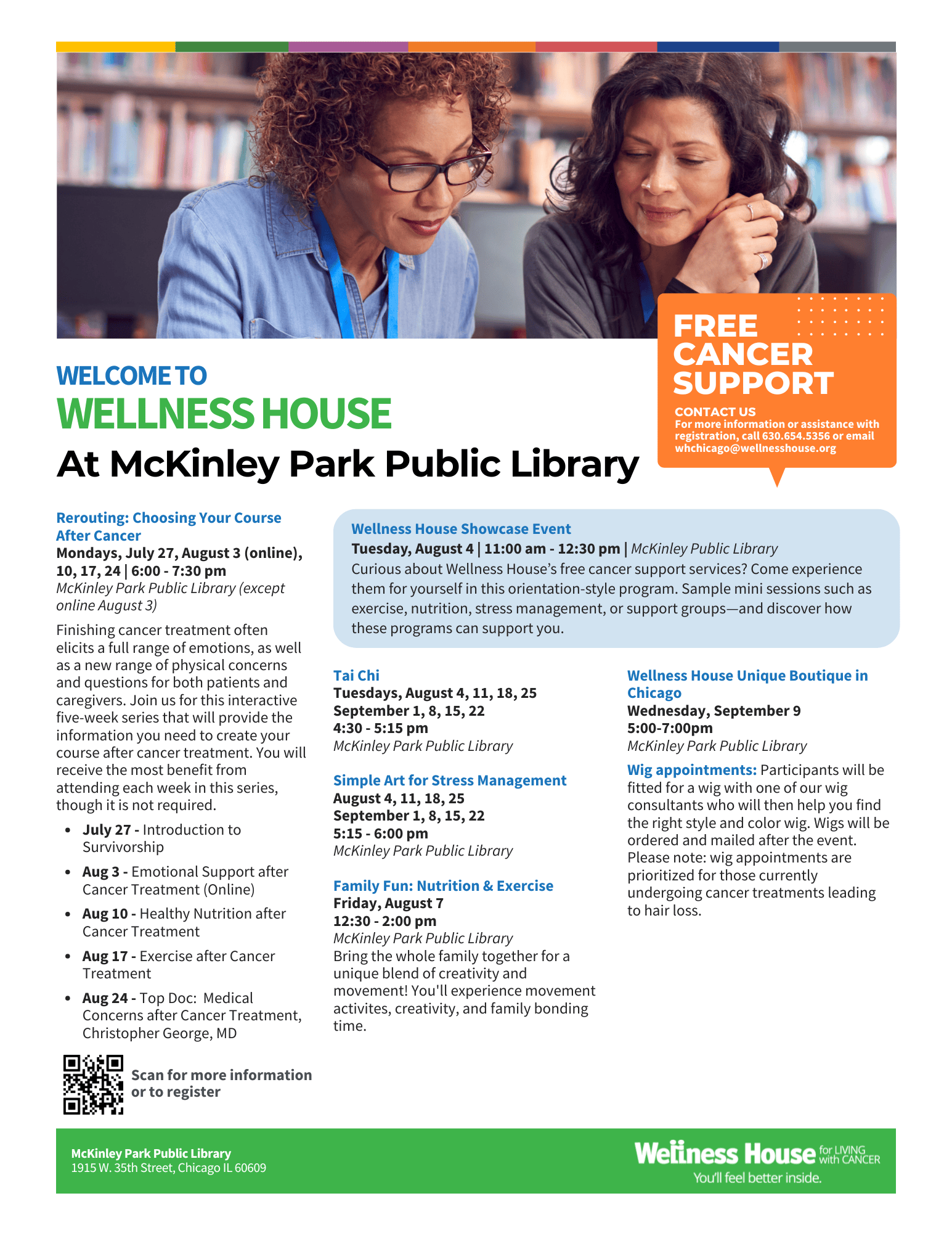 Two women sit at a table, smiling and looking at a tablet. The flyer details wellness and cancer support program guides available at McKinley Park Public Library.