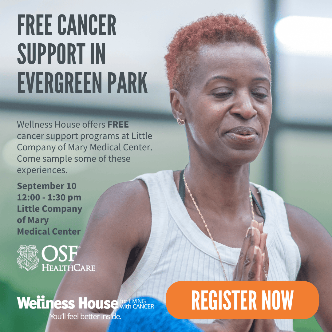 A woman with closed eyes holds her hands in prayer pose. Text advertises free cancer wellness support at Little Company of Mary Medical Center, Evergreen Park. Event date: September 10.