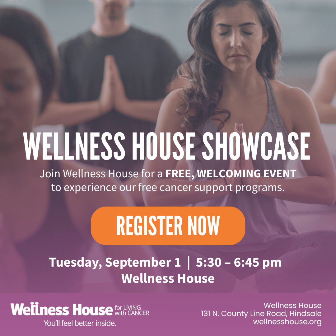 People meditating at an event; text invites attendees to the Wellness House Showcase on September 1 to discover free cancer wellness support programs, with registration details included.