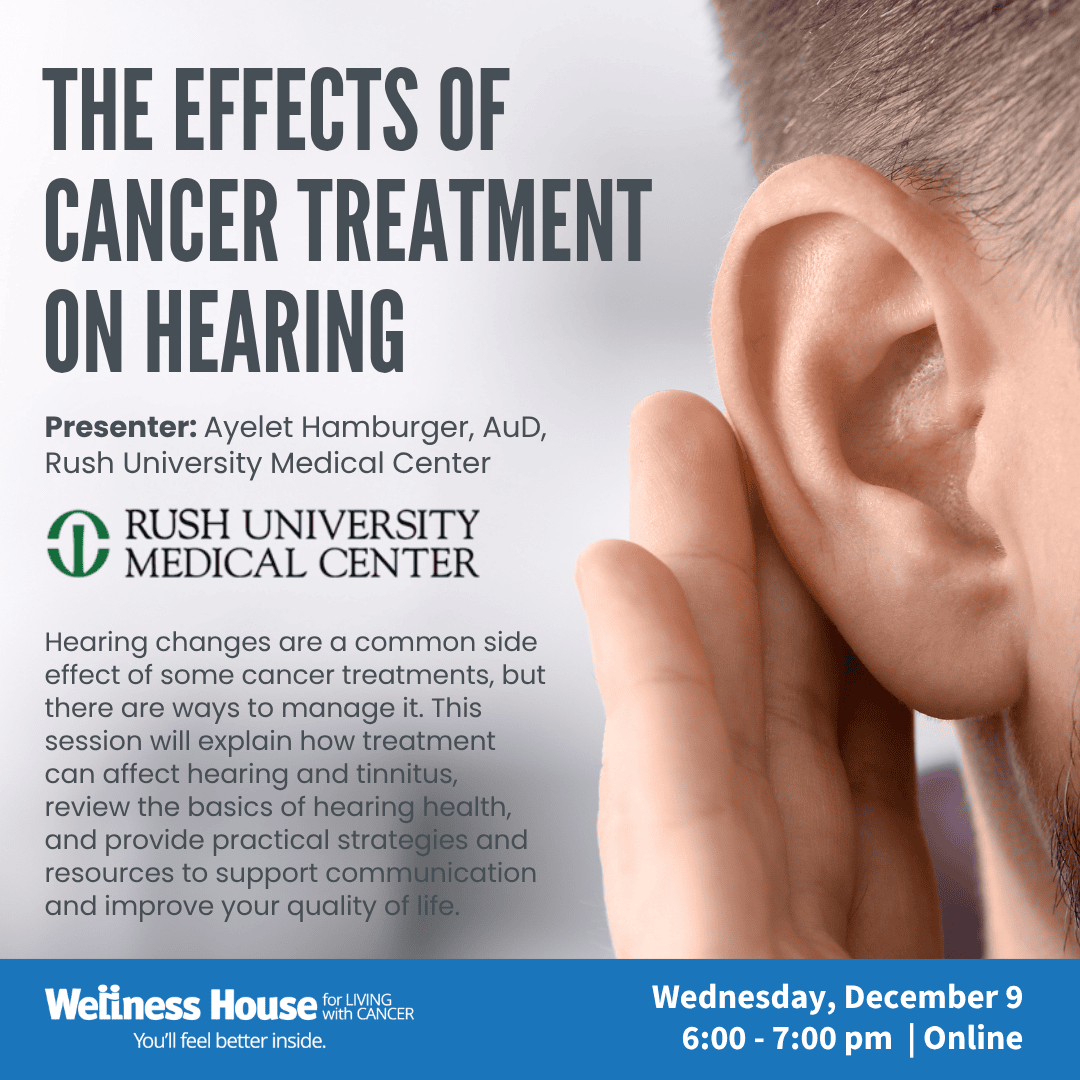 A person holds a hand to their ear. Event promo for a Rush University Medical Center talk on cancer treatment’s effects on hearing, scheduled online for December 9, 6–7 pm.