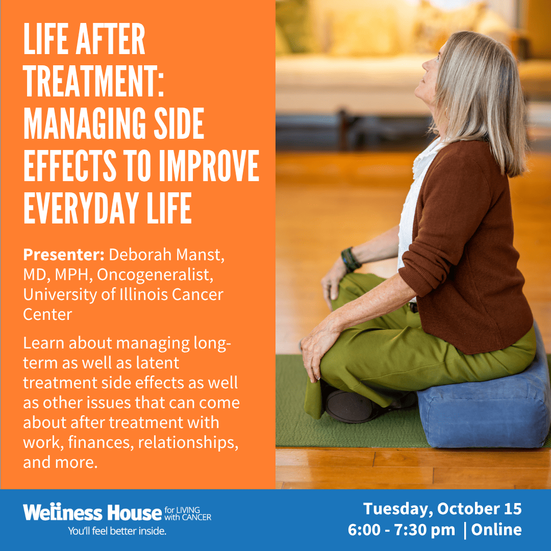 A woman sits cross-legged on a yoga mat indoors. Text details an online seminar about managing side effects after cancer treatment, scheduled for Tuesday, October 15, 6–7:30 pm.