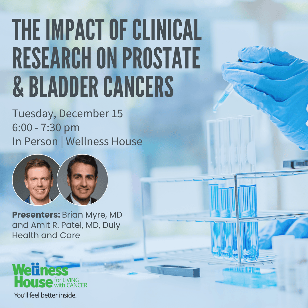 Event poster for a clinical research talk on prostate and bladder cancers, featuring two doctors as presenters, scheduled for December 15 at Wellness House.
