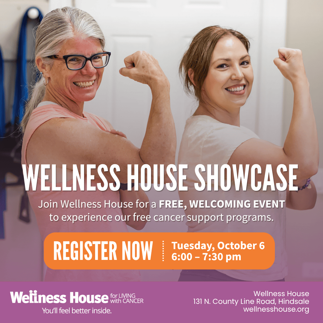 Two smiling women flex their arms and pose together in a gym, radiating strength and camaraderie. Text promotes a Wellness House Showcase cancer wellness support event on October 6 from 6:00–7:30 pm.