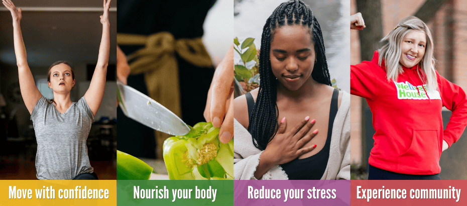 Four panels: a woman stretching, hands slicing a bell pepper, a woman meditating with hand on chest, and a smiling person flexing in a red hoodie. Text below highlights wellness benefits recommended by healthcare professionals.