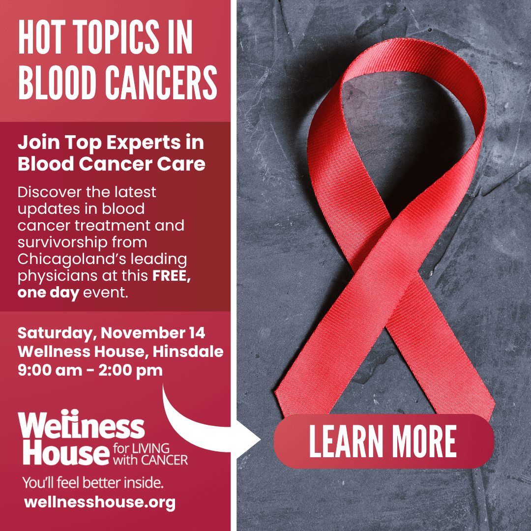 Event flyer for Hot Topics in Blood Cancers at Wellness House, Hinsdale, on November 14 from 9:00 am to 2:00 pm. Includes a cancer wellness awareness ribbon and a “Learn More” button.