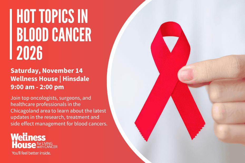 Event flyer for “Hot Topics in Blood Cancer 2026” on November 14 at Wellness House in Hinsdale, featuring a red awareness ribbon.