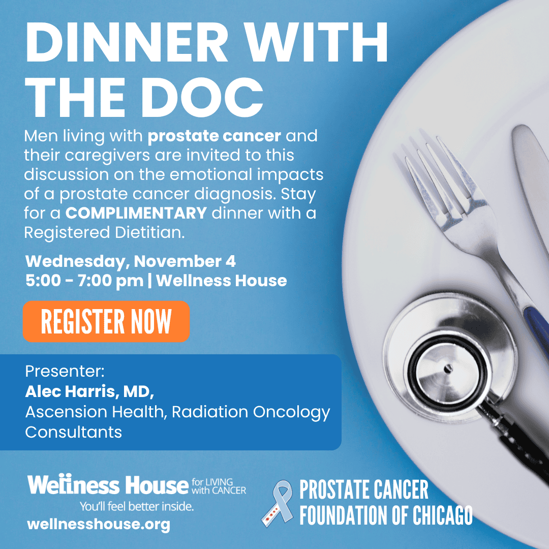Announcement for a Dinner with the Doc event on November 4th at Wellness House, featuring Dr. Alec Harris to support cancer wellness for men with prostate cancer and their caregivers.
